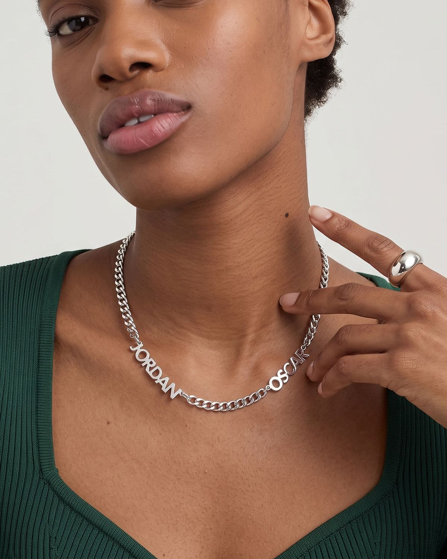 Model Image - personalized multi name necklace on a curb chain worn on model