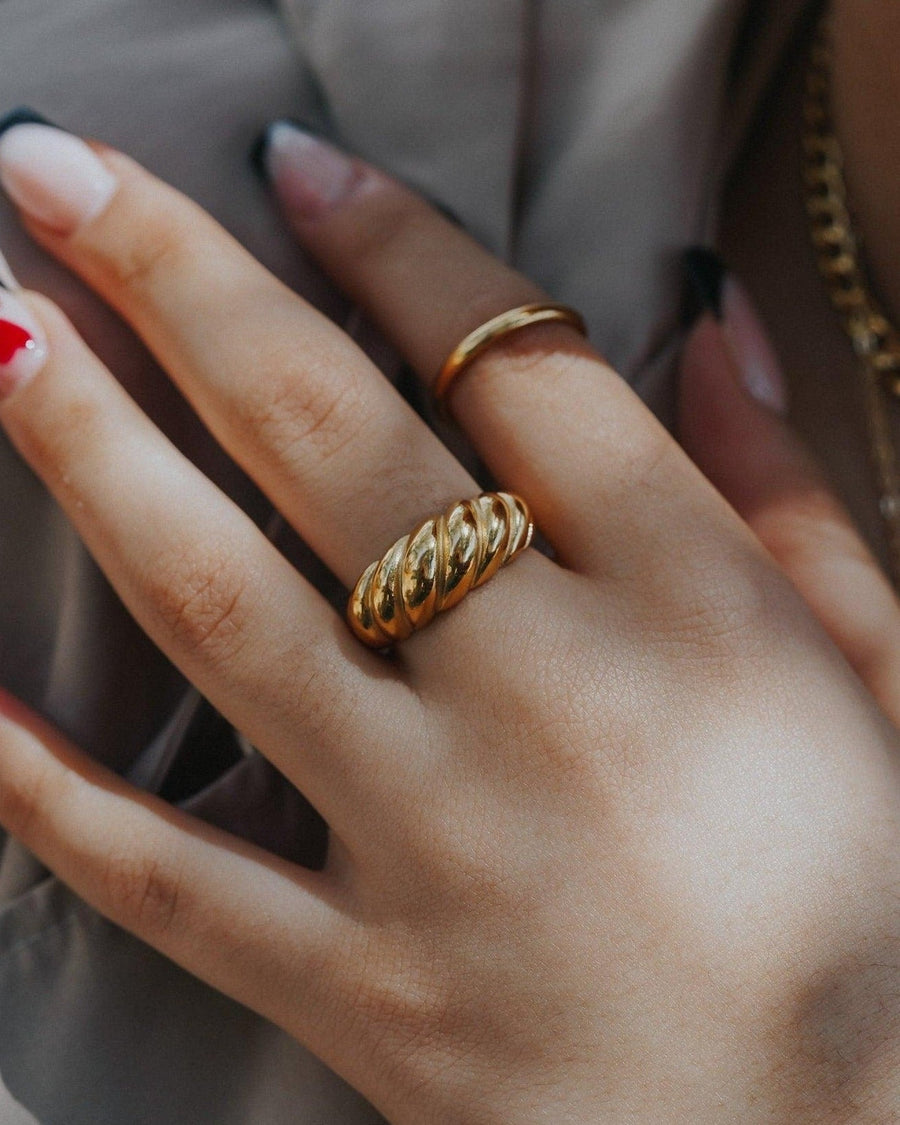 Style Image - Croissant Ring worn on hand with gold ribbed band detail