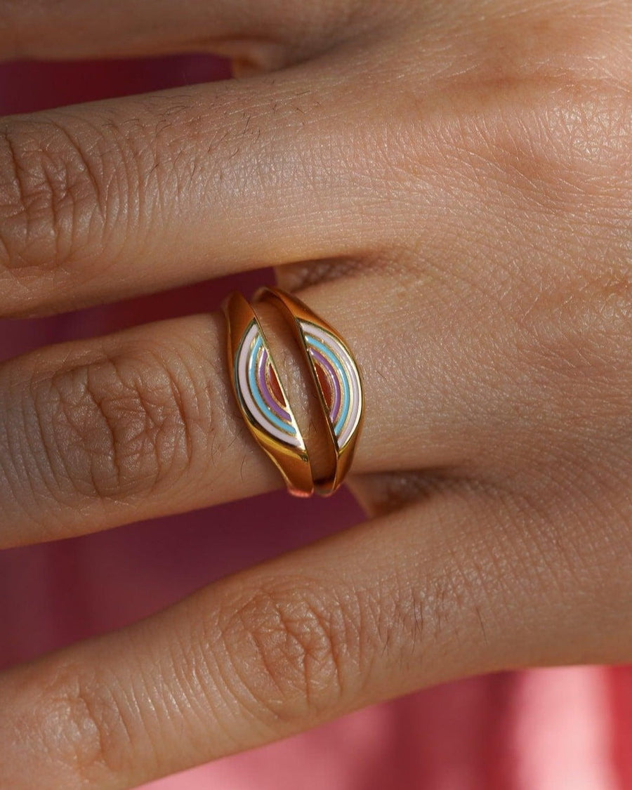 Model Image - Rainbow Ring Set with vibrant rainbow stripes on a hand worn on model