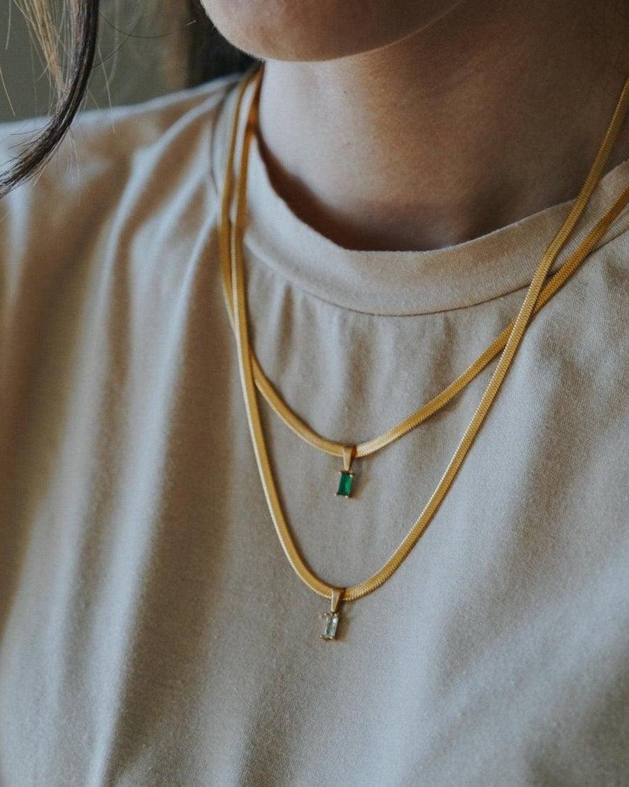 Model Image - layered herringbone chain necklaces with small zircon charm pendants worn on model