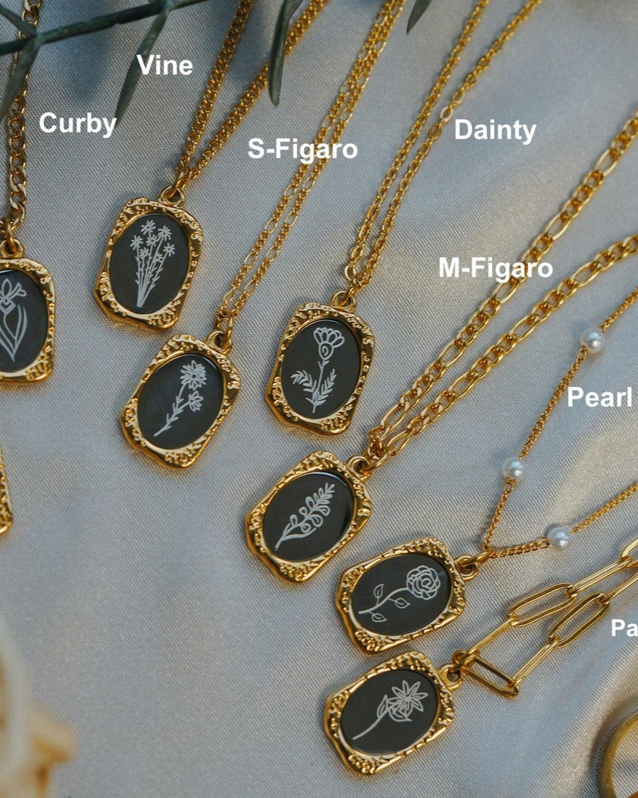 Model Image - Mirror birth flower pendant necklaces displayed on a model with labeled chain style options including Vine, Curby, S-Figaro, Dainty, M-Figaro, Pearl Bead, and Paperclip worn on model