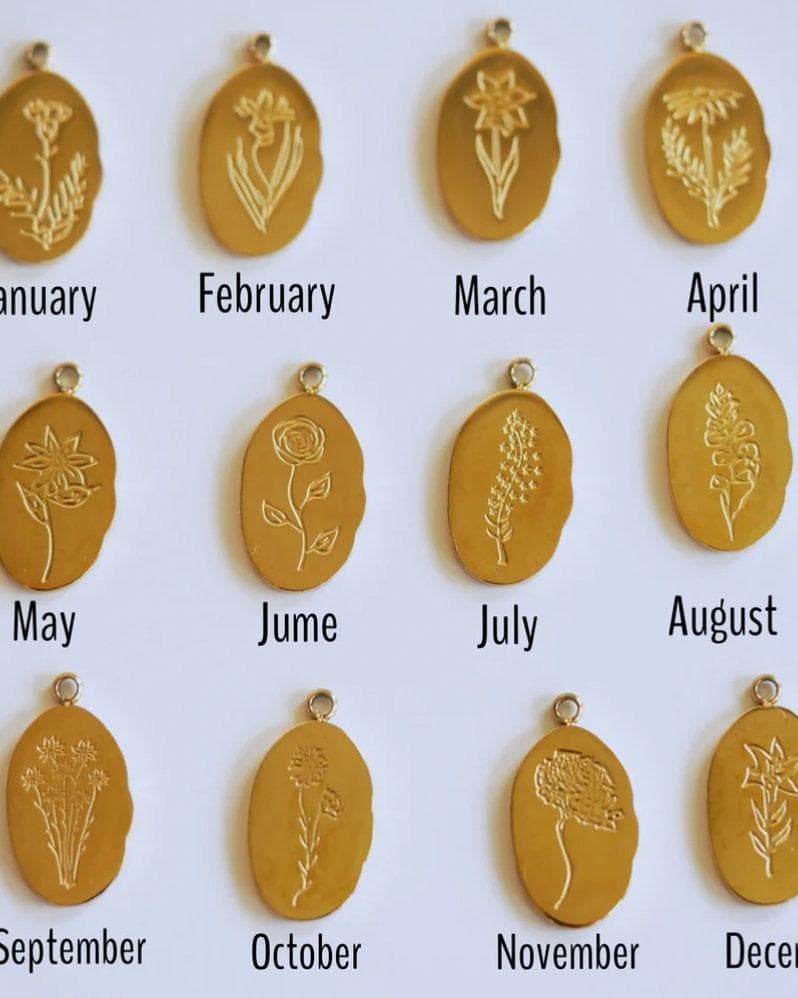 Detail Image - Oval birth flower earring pendants with month-labeled floral designs from January through December