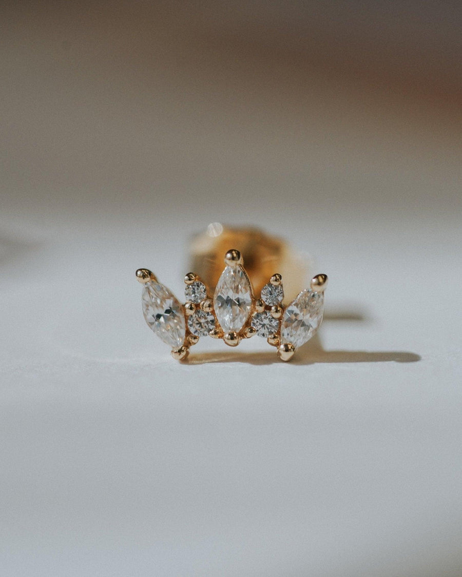 Detail Image - Marquise Tiara Stud earring with white zircon accents in 14k yellow gold close-up