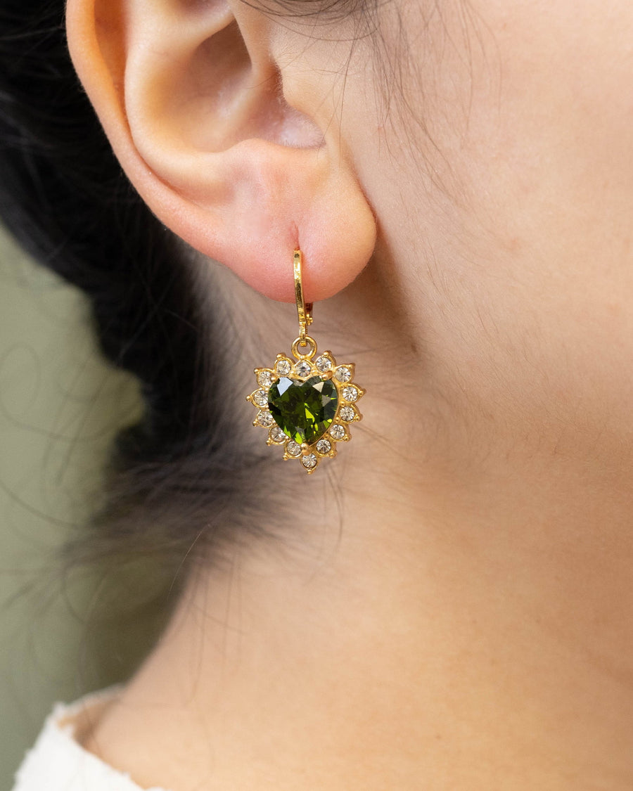 Style Image - Queen Heart Earrings with olive green heart-shaped crystal halo pendant worn on the ear