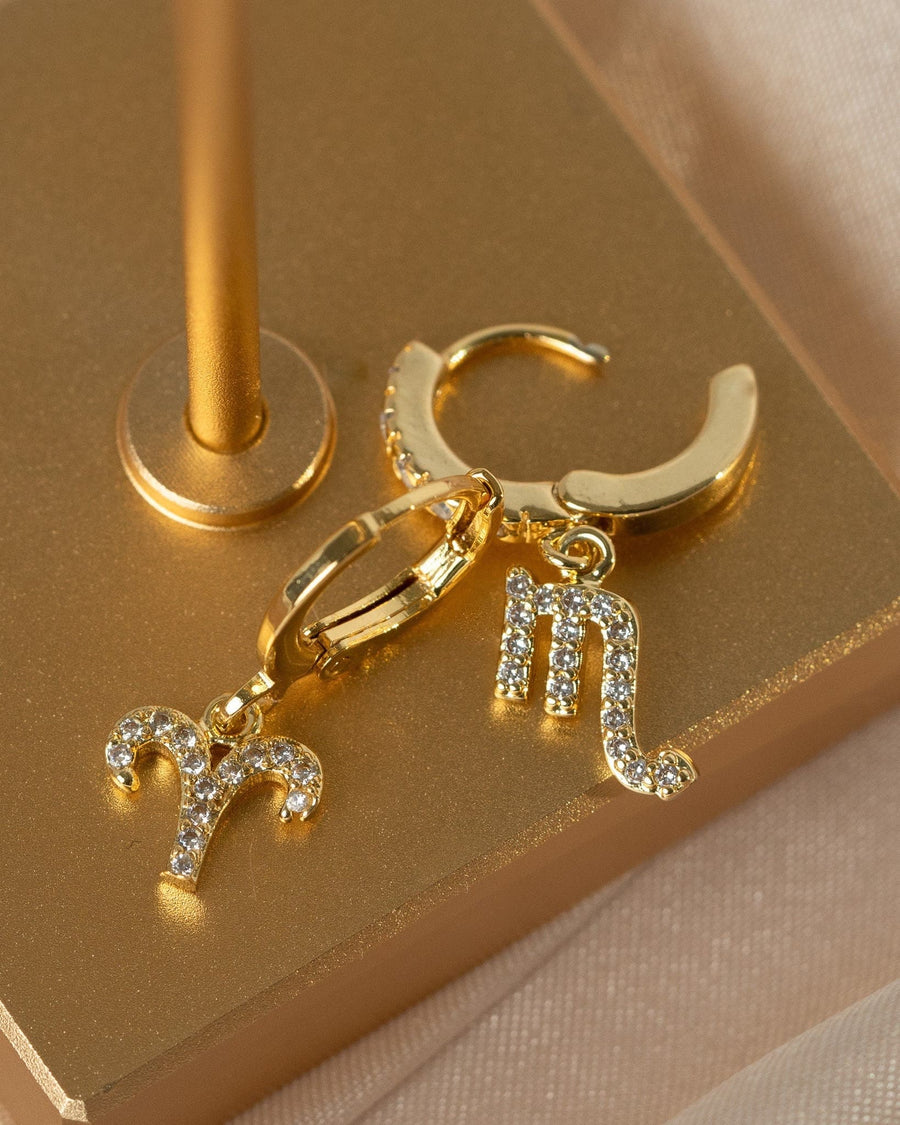 Detail Image - 14K gold plated Pave Zodiac Earrings with sparkling pave zodiac charms on hoop earrings