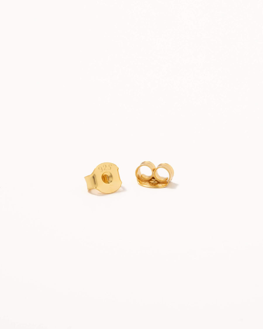 Detail Image - Tiny Cross Studs earring backs in 14k gold plated material on a light background