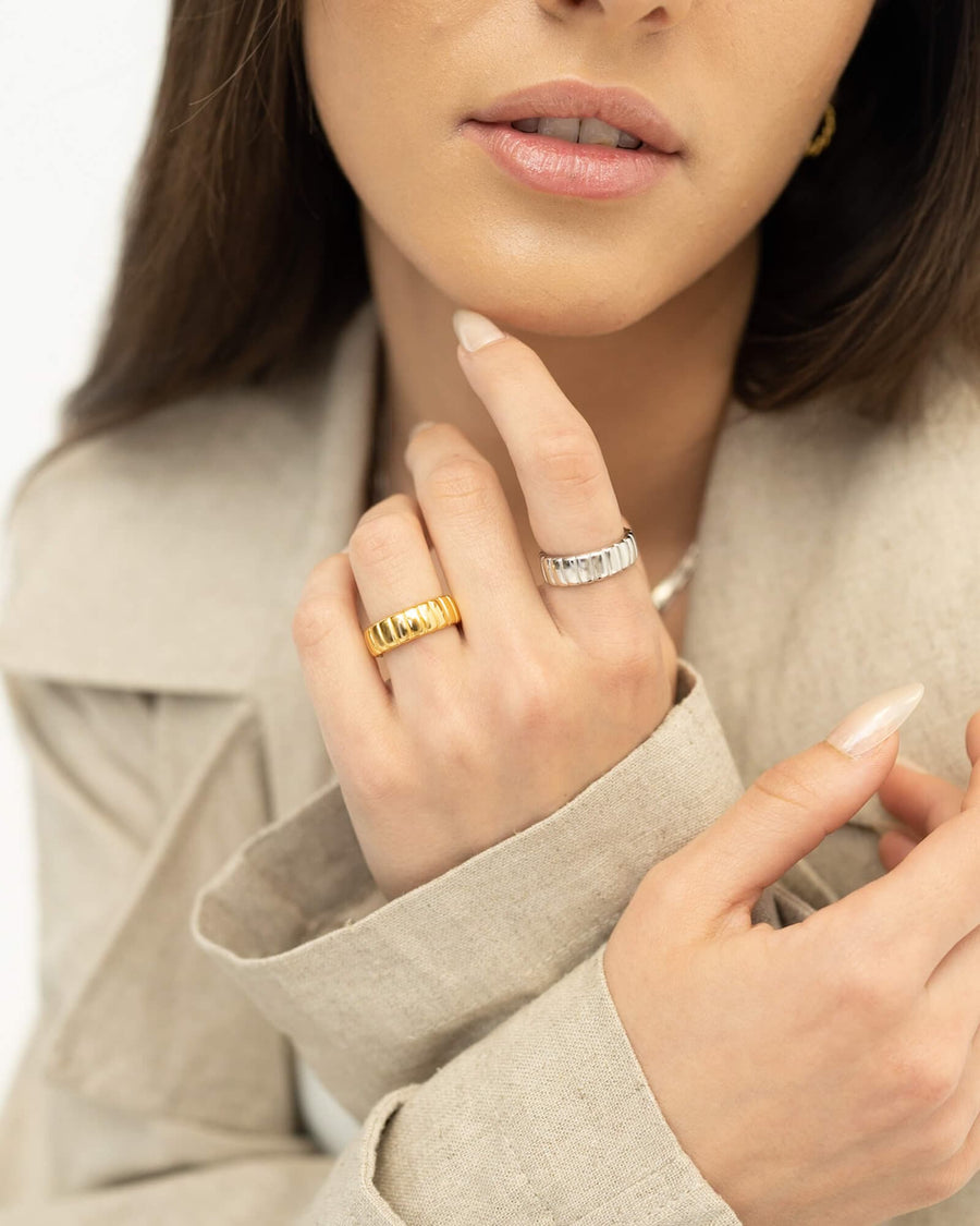 Style Image - Iconic Bold Ring in Sterling Silver styled on hand with a gold-tone ring for contrast