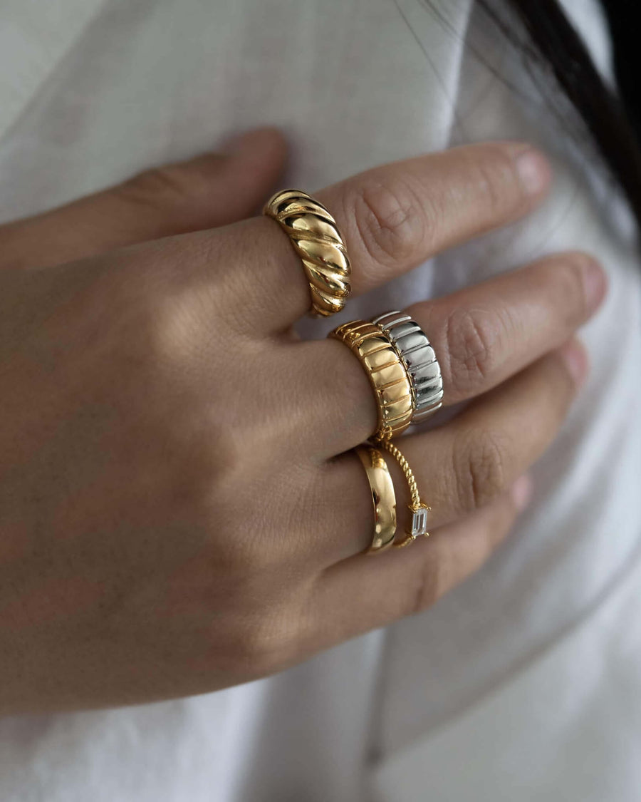 Style Image - Iconic Bold Ring in Sterling Silver worn stacked with mixed rings on the hand