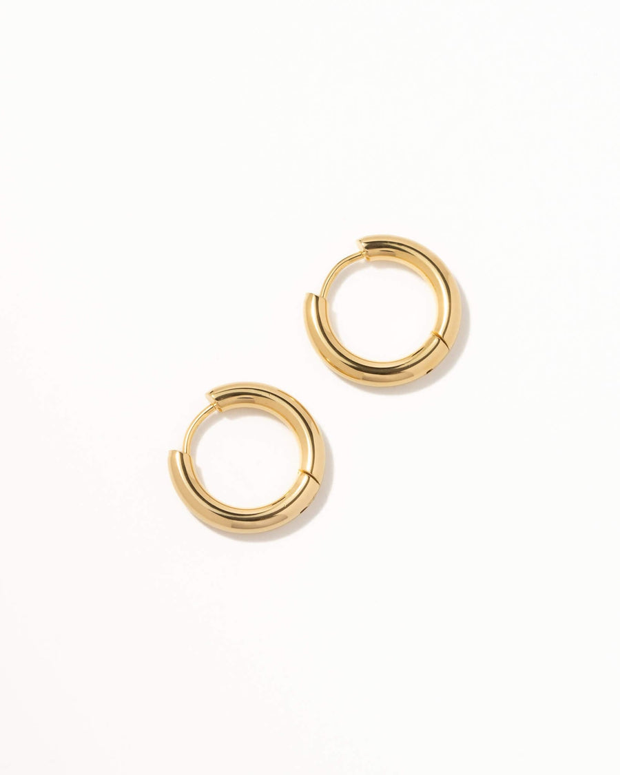 Detail Image - Pair of 12mm 18k gold plated stainless steel simple hoop earrings on a white background