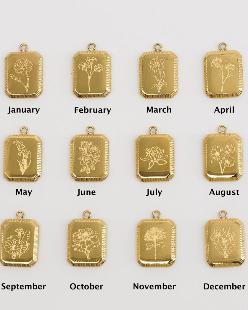 Square birth flower pendants labeled by month for the layering necklace set