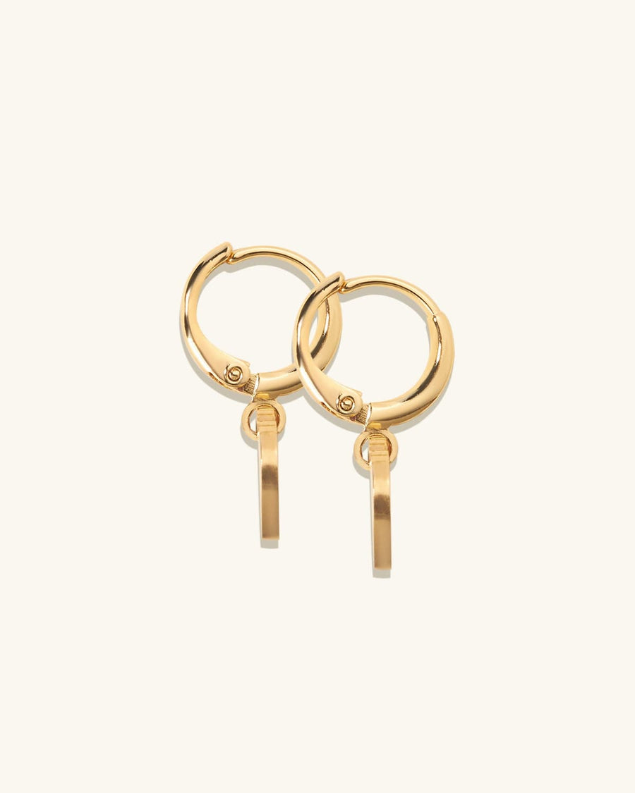 Detail Image - 14K gold plated drop earrings with 12 mm hoops and slim engravable pendants.