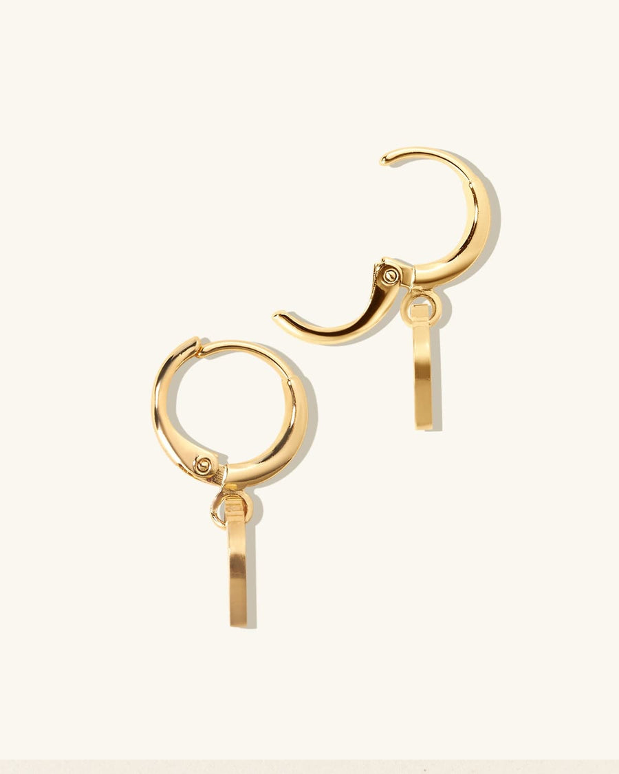 Detail Image - 14K gold plated engravable heart drop earrings with hoop clasps, shown open and closed
