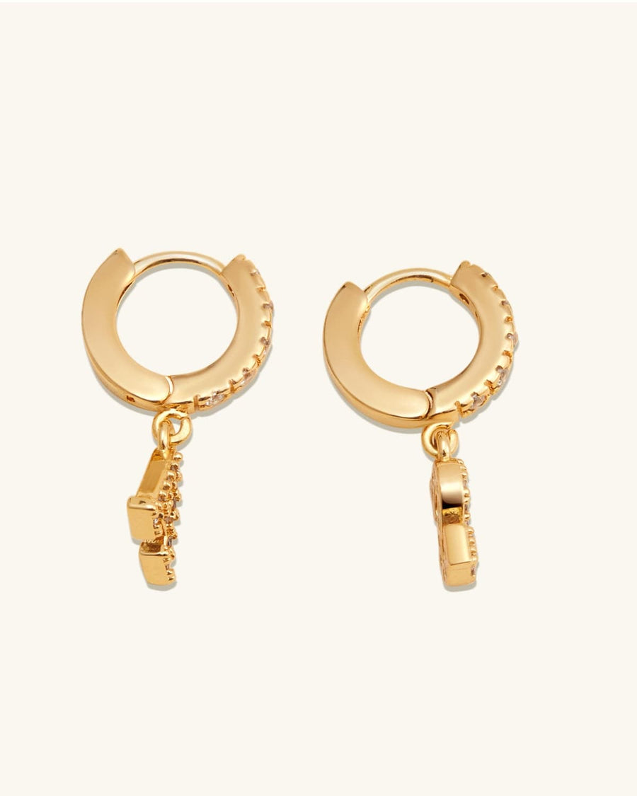 Detail Image - 14K gold plated pave initial hoop earrings with dangling letter pendants