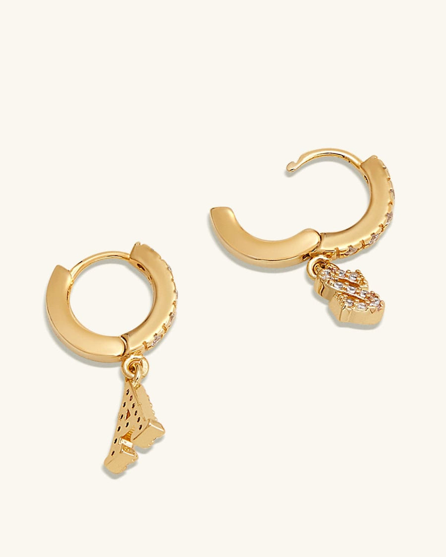 Detail Image - 14K gold plated pave initial hoop earrings with A and B letter pendants in a close-up view