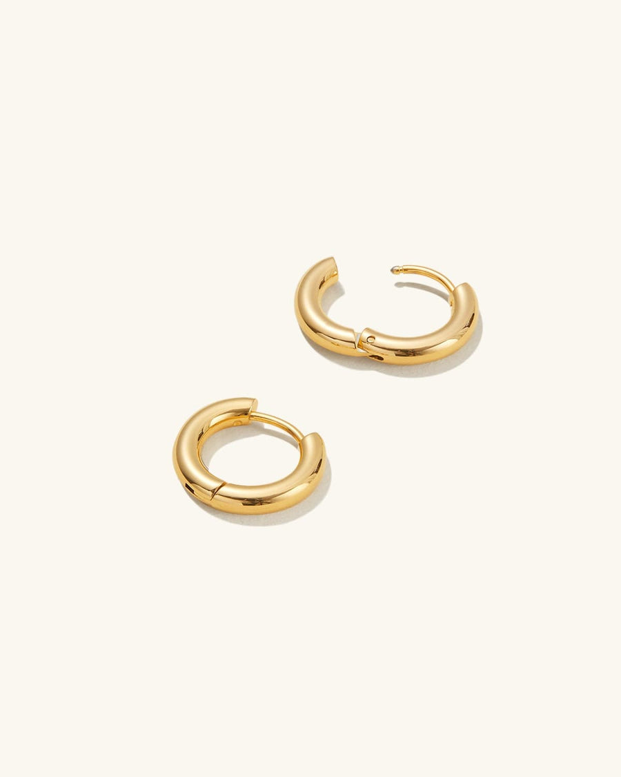 Detail Image - Pair of 10mm 18k gold plated stainless steel simple hoop earrings with hinged closures