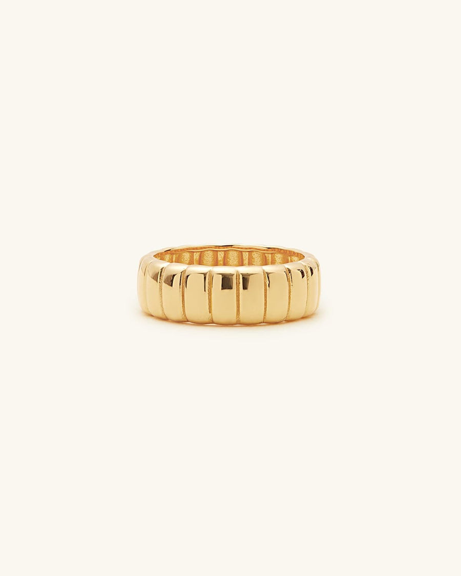 Detail Image - Iconic Bold Ring in 14k gold plated design with a rounded dome shape and vertical ridged detailing