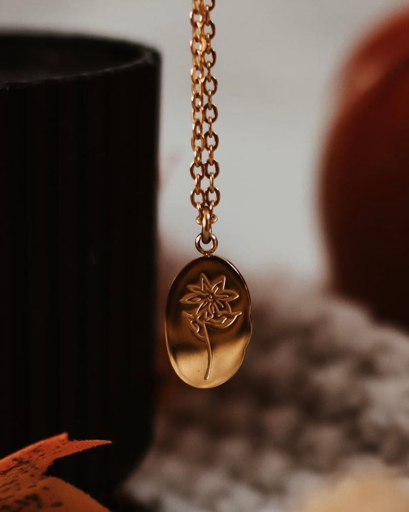 Oval Birth Flower Necklace
