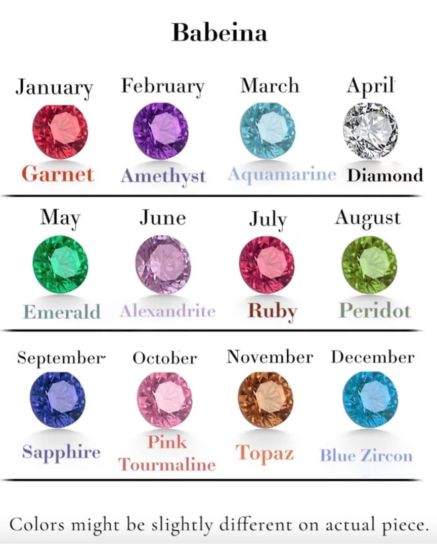 Birthstone color chart for Family Birthstone Necklace with monthly stone options
