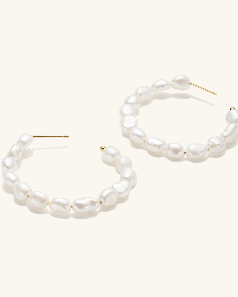 Detail Image - Large Pearl Hoops with freshwater pearls on 46mm 14K gold plated hoops