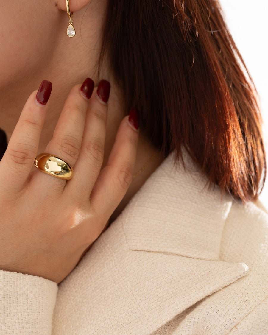 Style Image - Dome Statement Ring worn on hand, highlighting its bold dome design and 14K gold plated look