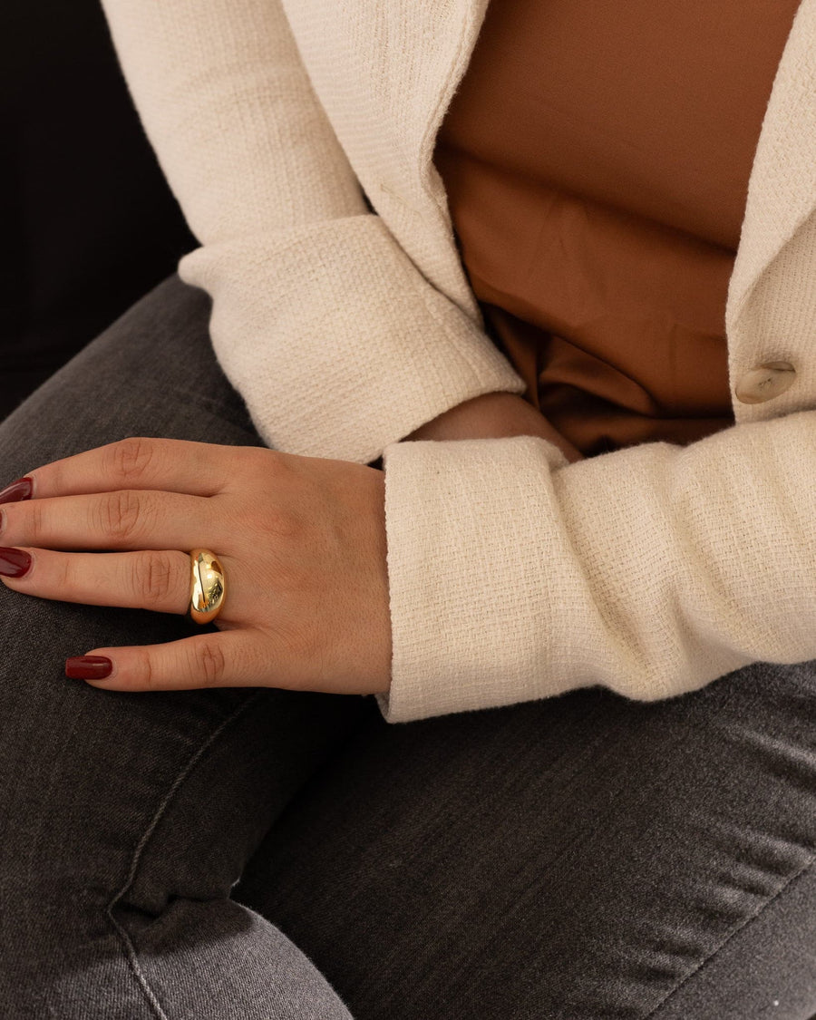 Style Image - Dome Statement Ring worn on hand with cream cardigan and dark jeans