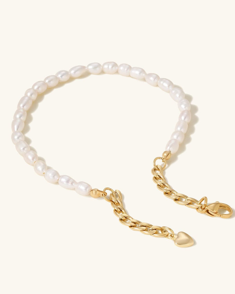 Detail Image - Pearl anklet with heart-shaped charm and extender chain in 18k gold plated stainless steel