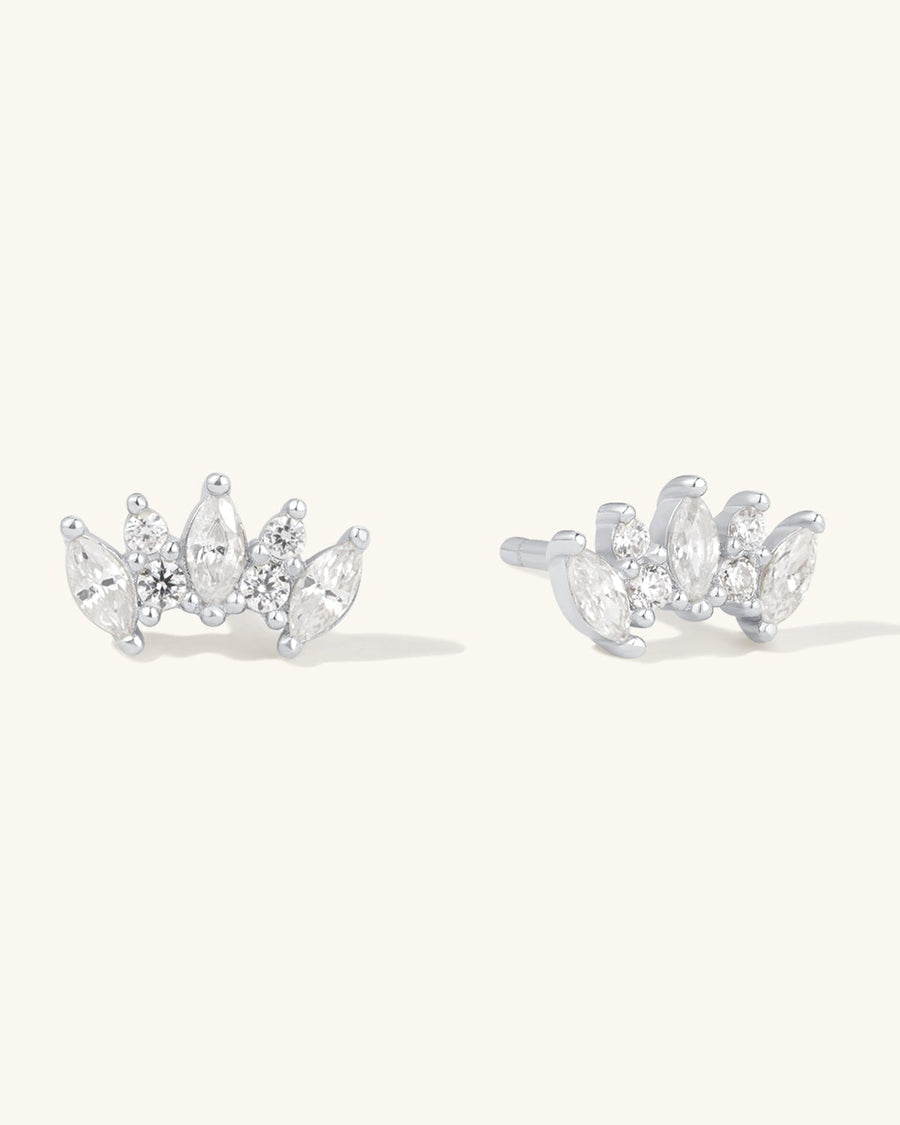 Detail Image - Marquise Tiara Stud earrings with white zircon stones in 14k white gold, shown as a pair on a neutral background