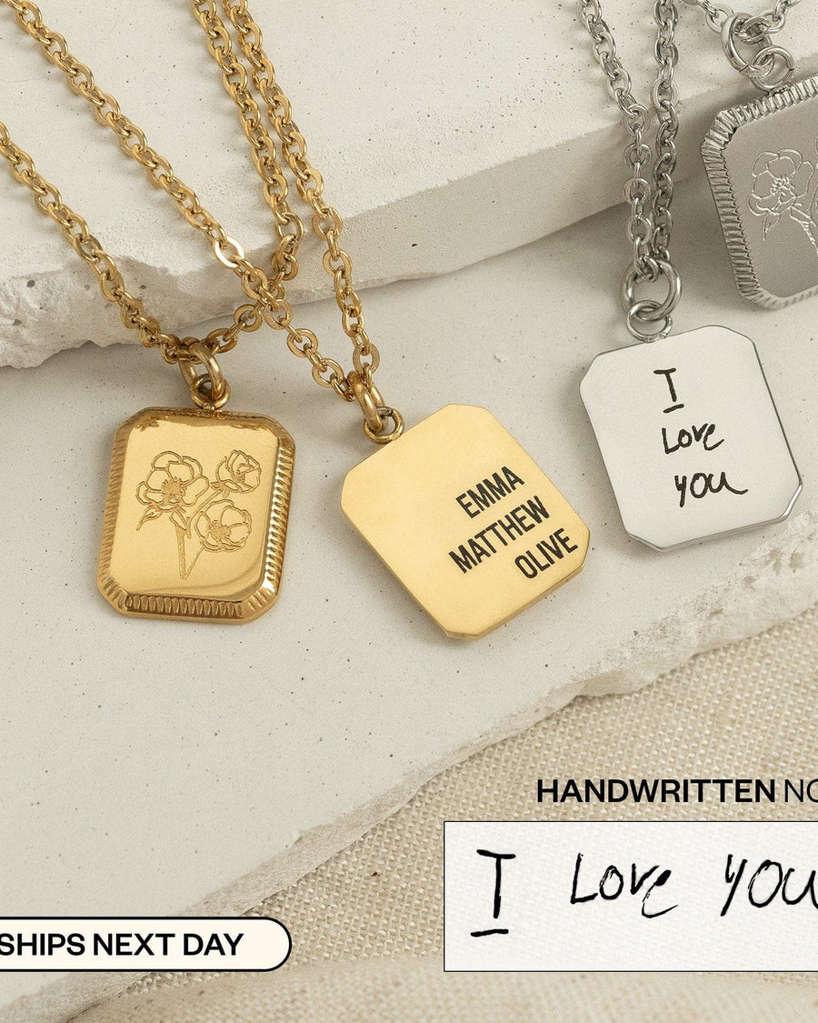 Model Image - Engravable birth flower pendant necklace shown at the neckline with a silver-tone chain and personalized pendant detail worn on model