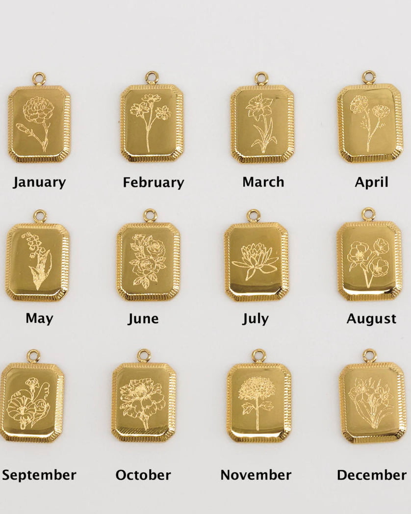 Square birth flower necklace pendants for each month in the layering necklace set