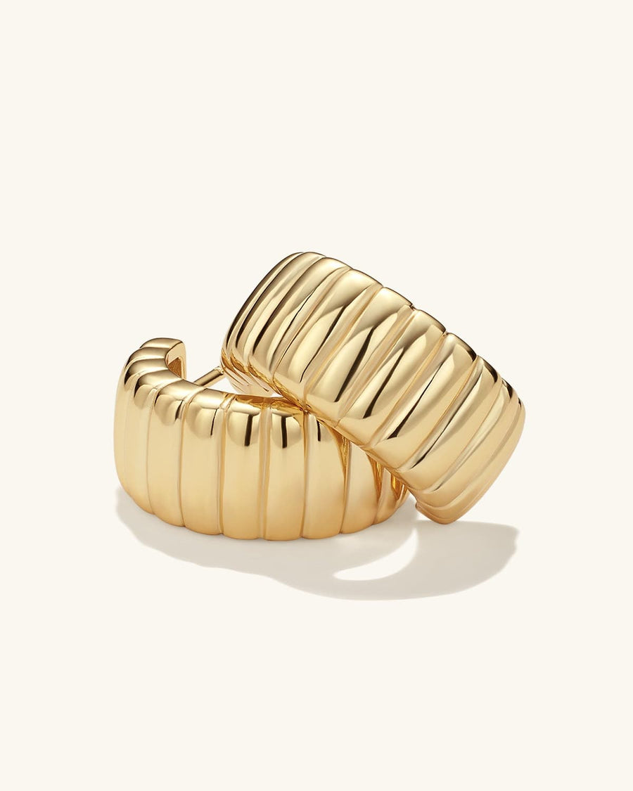Detail Image - Bold Ribbed Hoops with ridged wide hoop design in 925 sterling silver dipped in 14k gold