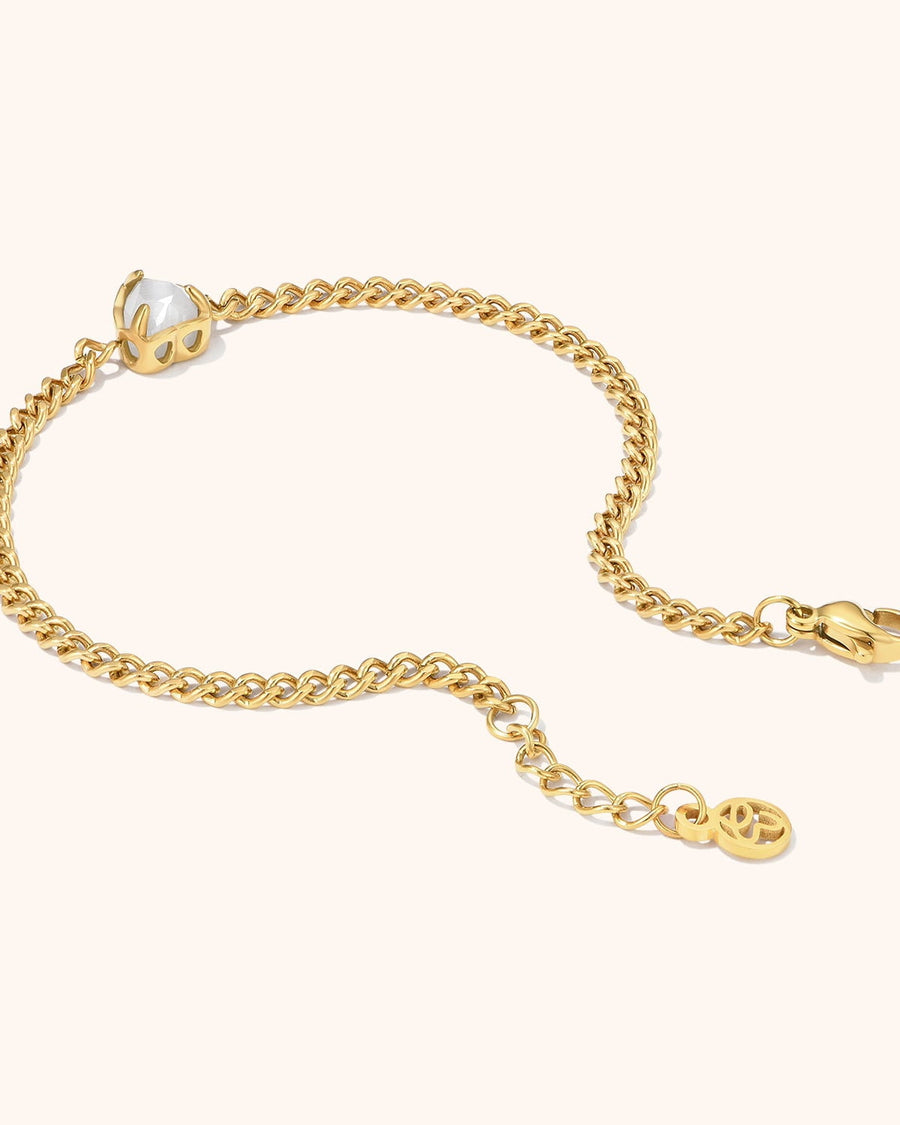 Detail Image - Mini Heart Bracelet in white with chain, heart charm, lobster clasp, and extender in 18k gold plated stainless steel