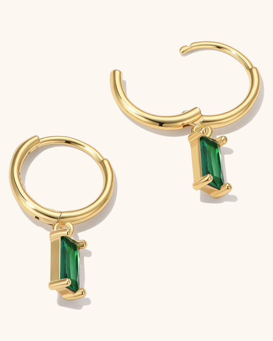 Detail Image - 14K gold plated zircon hoop earrings with emerald-color rectangular stones, shown open and closed