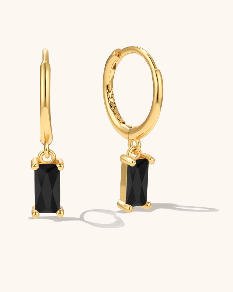 Detail Image - 14K gold plated zircon hoop earrings with black rectangular zircon drops, shown front and side view