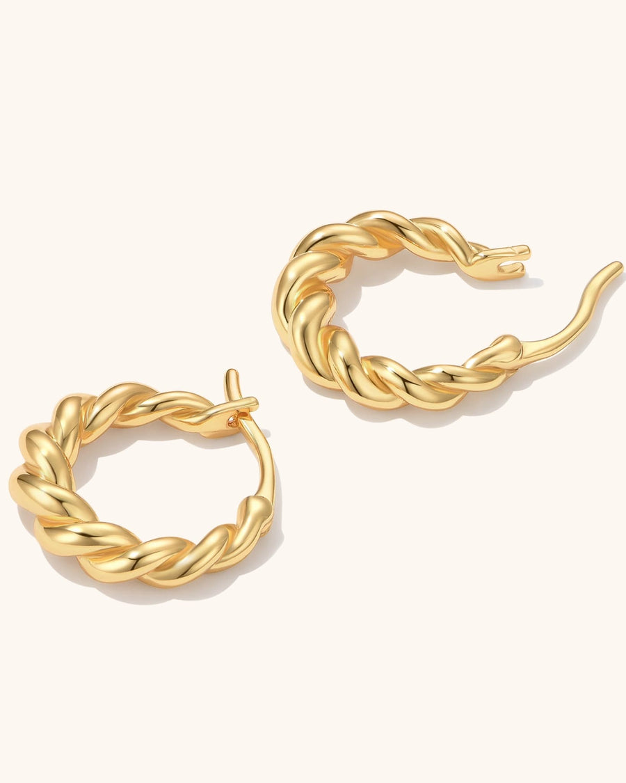 Detail Image - 14K gold plated twisted hoop earrings shown open to highlight the rope-style curves and clasp design