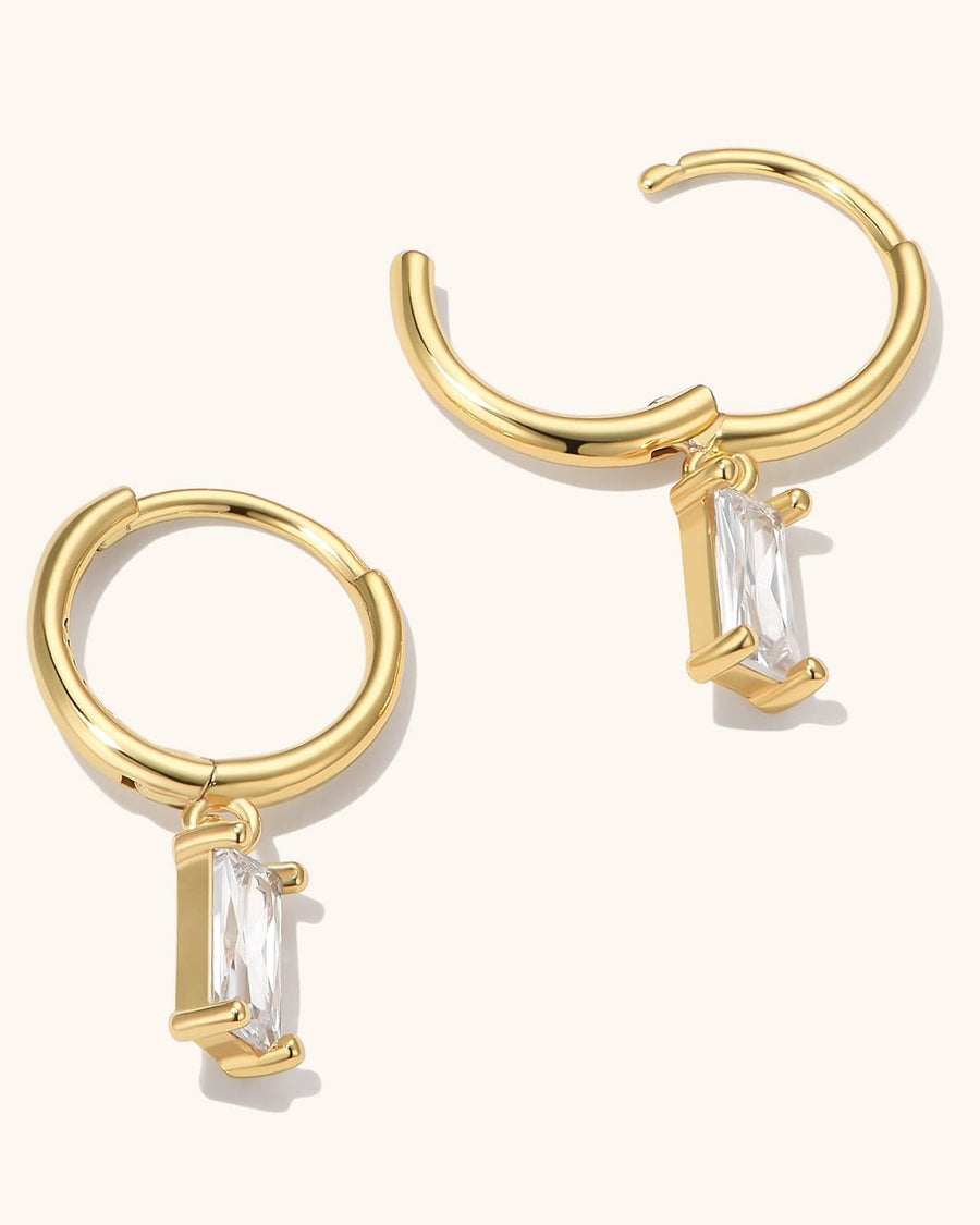 Detail Image - Pair of 14K gold plated zircon hoop earrings with rectangular dangling stones