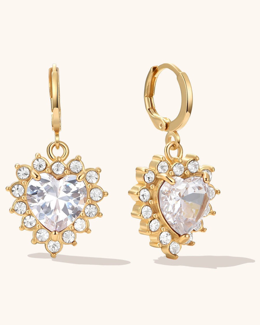 Detail Image - Queen Heart Earrings with heart-shaped crystal halo pendants on small hoops in 18k gold plated stainless steel