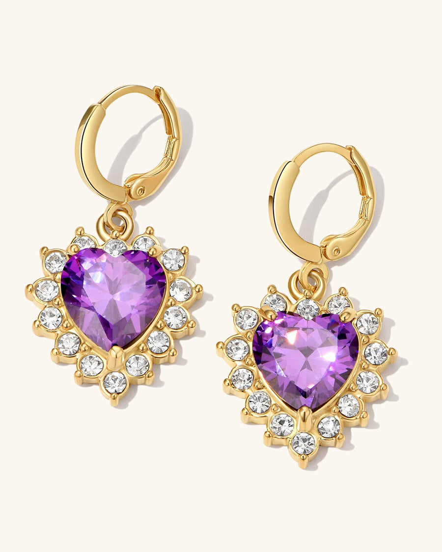 Detail Image - Purple Queen Heart Earrings with heart-shaped crystal pendants and hoop setting