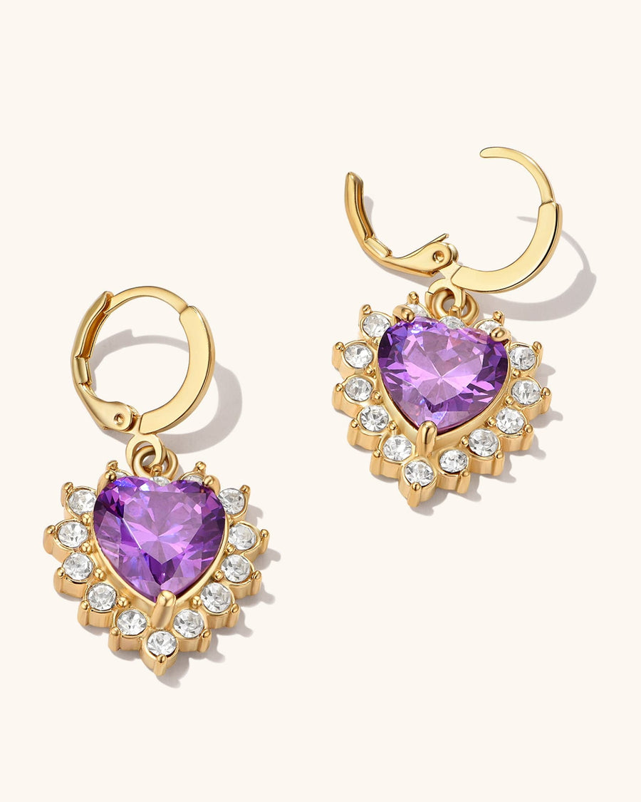 Detail Image - Purple Queen Heart Earrings with heart-shaped halo design and shimmering crystals on hoop earrings
