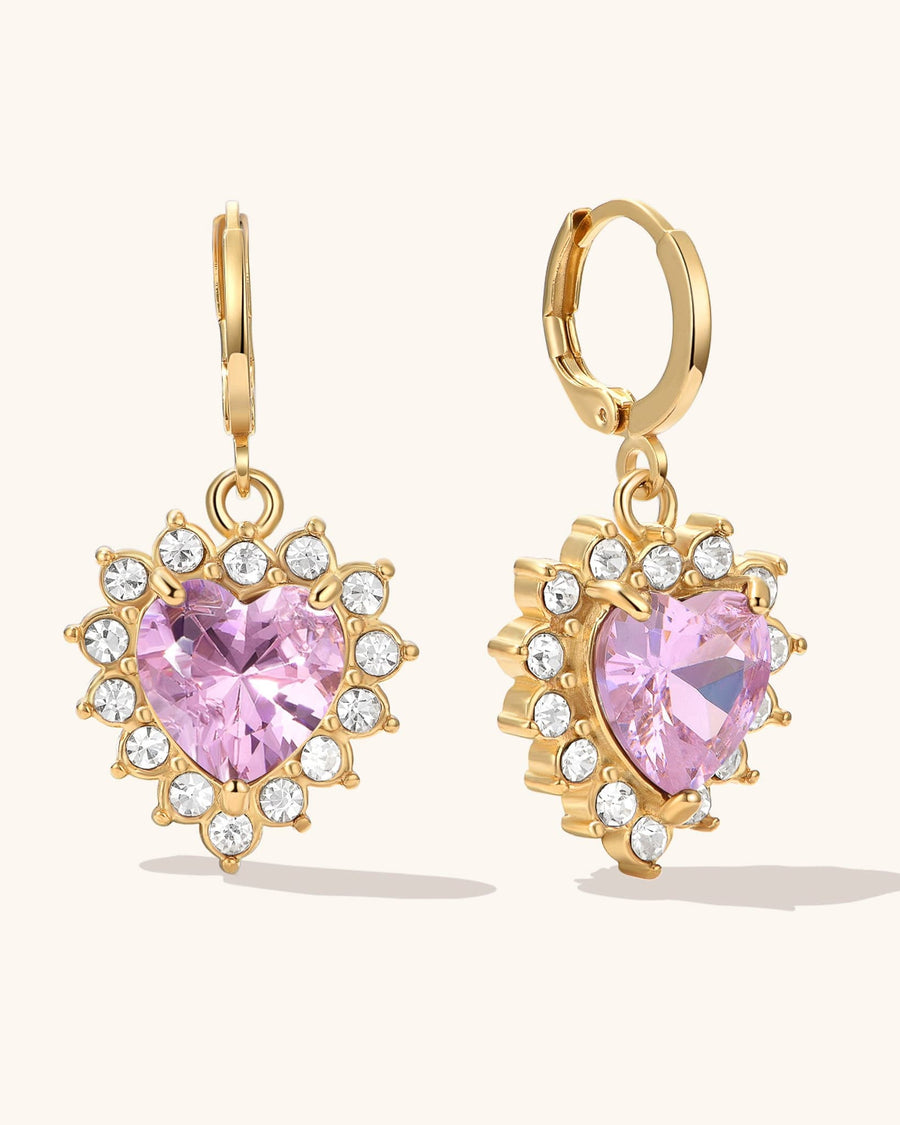 Detail Image - Queen Heart Earrings with pink heart-shaped crystals and crystal halo drops on 18k gold plated stainless steel hoops