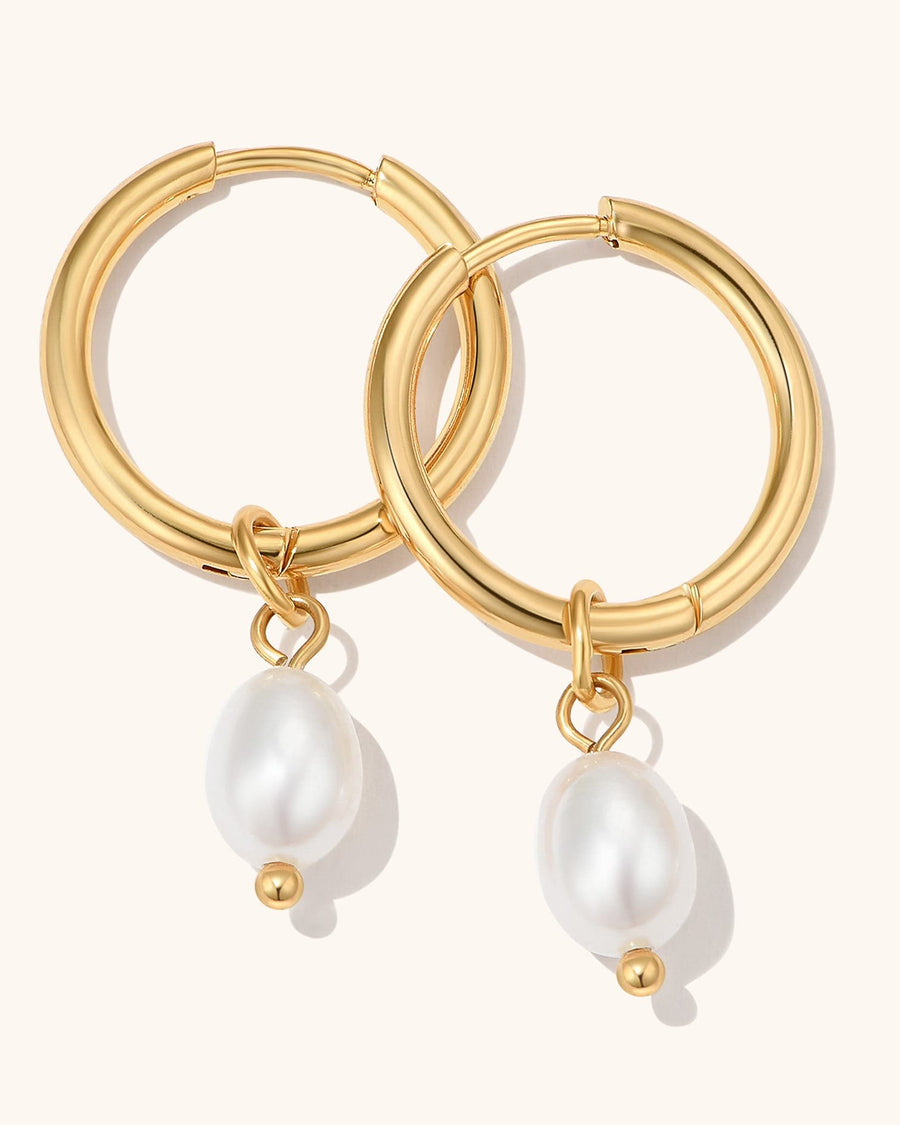 Detail Image - 14K gold plated huggie hoops with dangling pearl beads, sold as a pair
