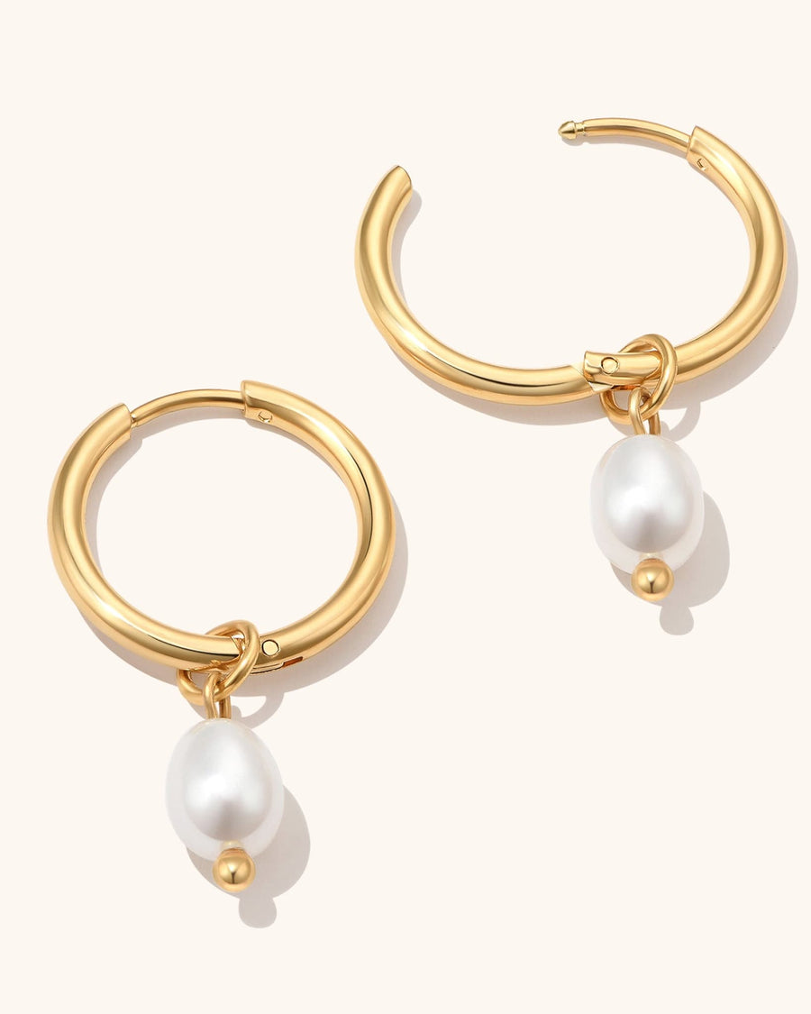 Detail Image - 14K gold plated huggie hoop earrings with delicate pearl bead drops, sold as a pair