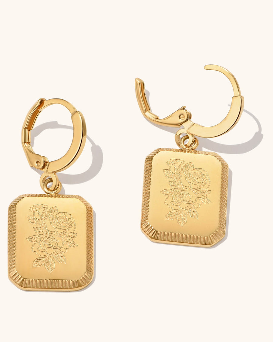 Detail Image - 18k gold plated square birth flower hoop earrings with engraved floral pendants