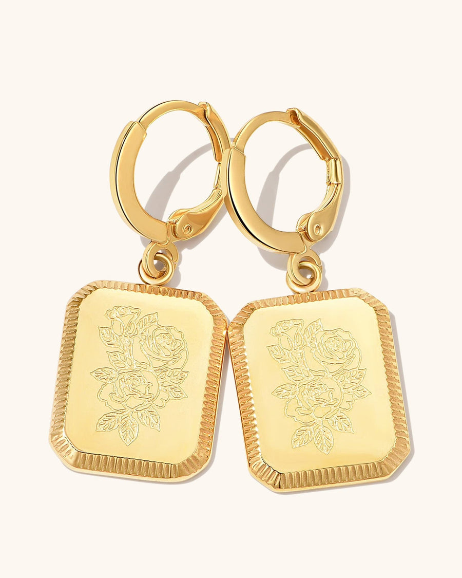 Detail Image - Square birth flower earrings with hoop closures and engraved floral pendants in 18k gold plated stainless steel