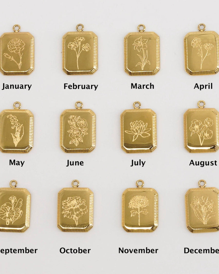 Detail Image - Square birth flower earring pendants showing month designs from January through December in 18k gold plated stainless steel