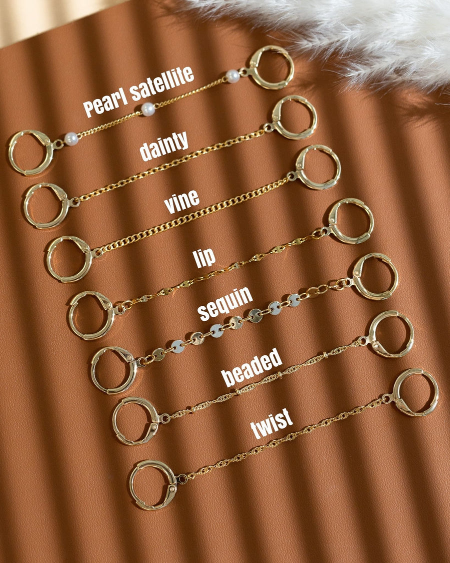 Detail Image - 14K gold plated handcuff earring chain style comparison with Pearl satellite and other labeled chain designs.