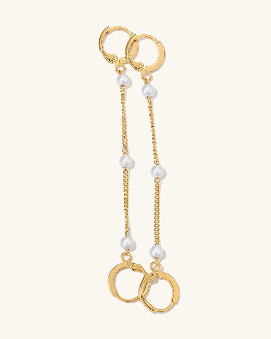 Detail Image - 14K gold plated double handcuff earrings with pearl satellite chain accents, shown as a pair