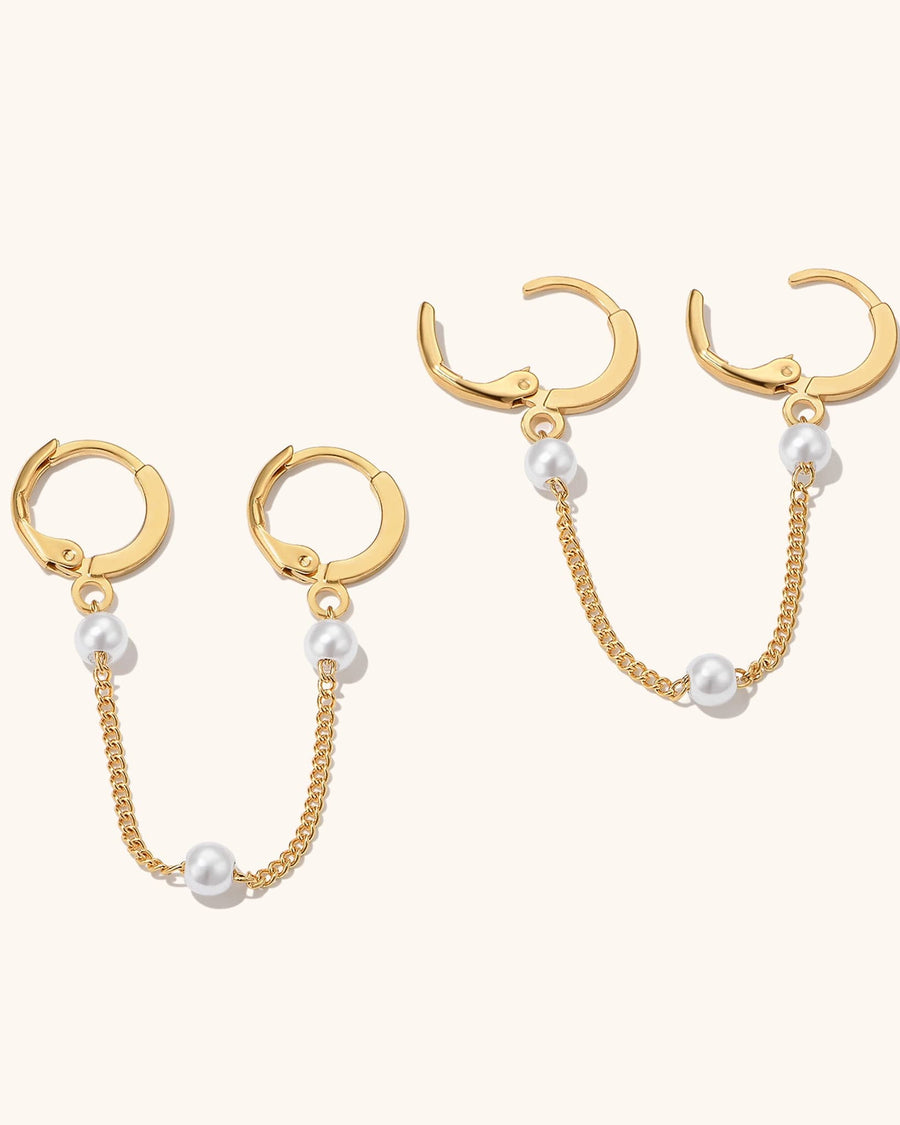 Detail Image - 14K gold plated double handcuff earrings with pearl satellite chain accents shown as a pair