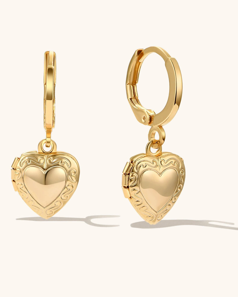 Pair of 18k gold plated mini heart locket earrings with hinged hoops and engraved heart-shaped lockets