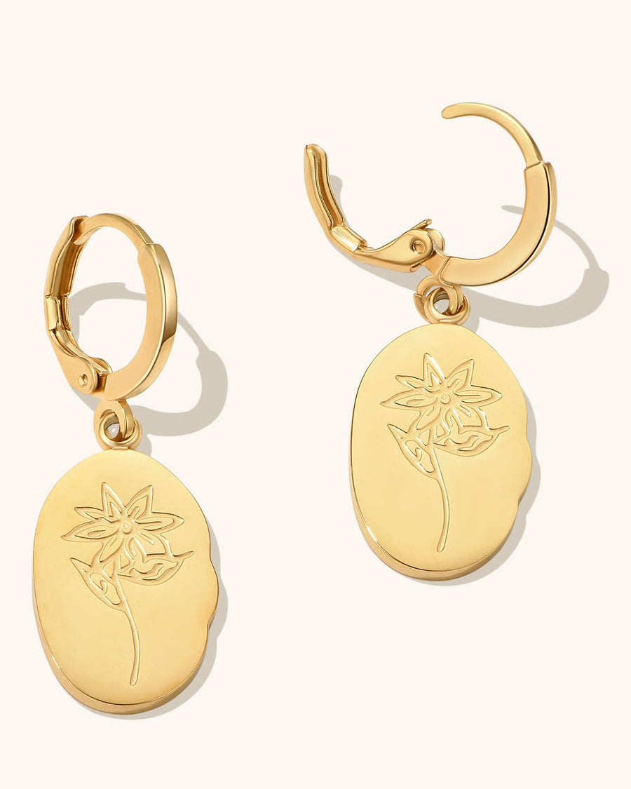 Detail Image - Oval birth flower hoop earrings with engraved oval pendants in 18k gold plated stainless steel