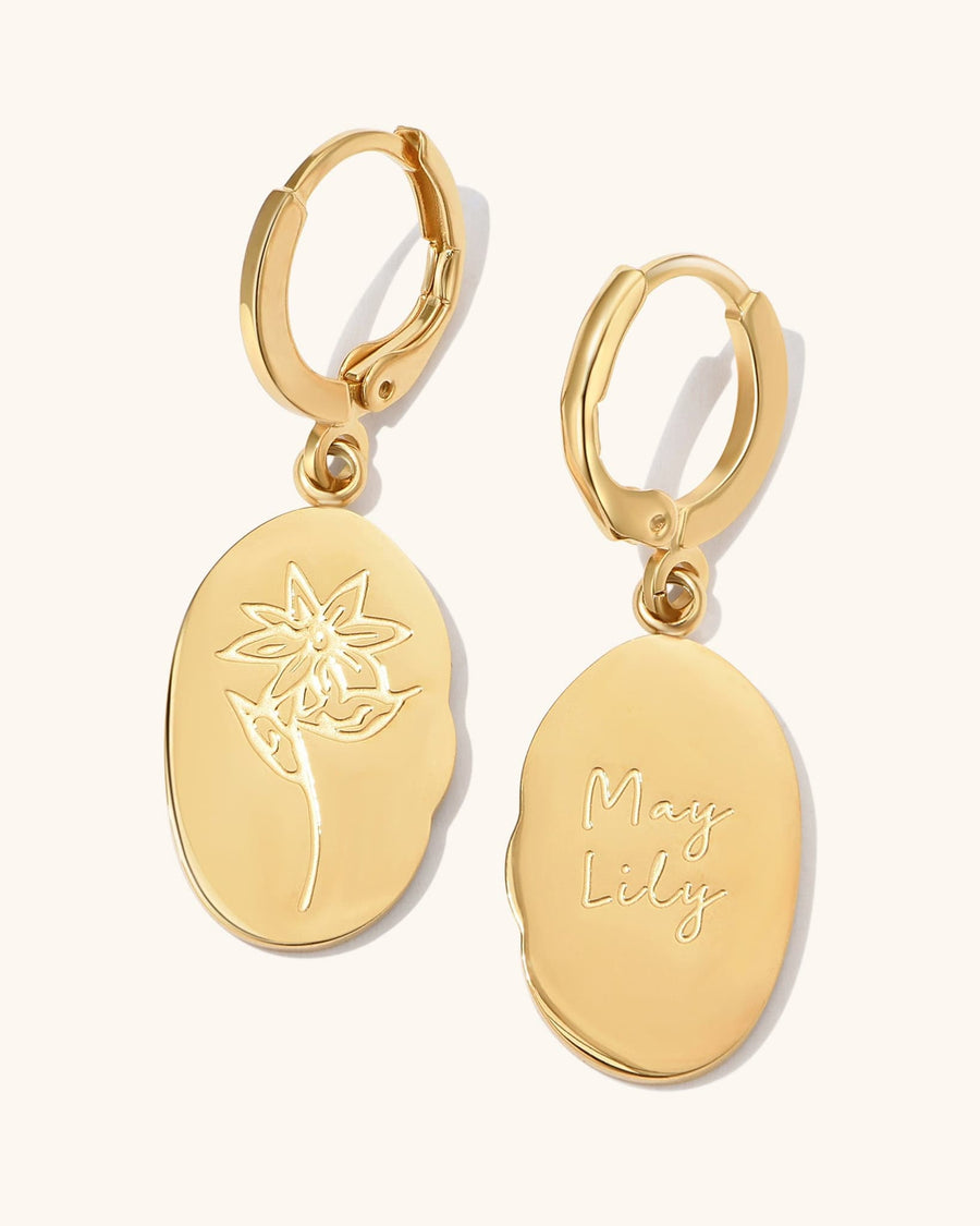 Detail Image - Oval Birth Flower Earrings with May lily pendant engravings on 18k gold plated stainless steel hoops